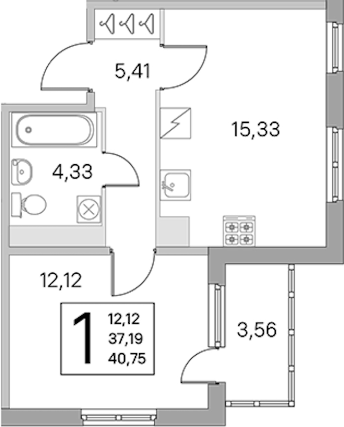 1-комнатная квартира 37.19 м², 4/5 эт., ЖК «ЮгТаун. Олимпийские кварталы»